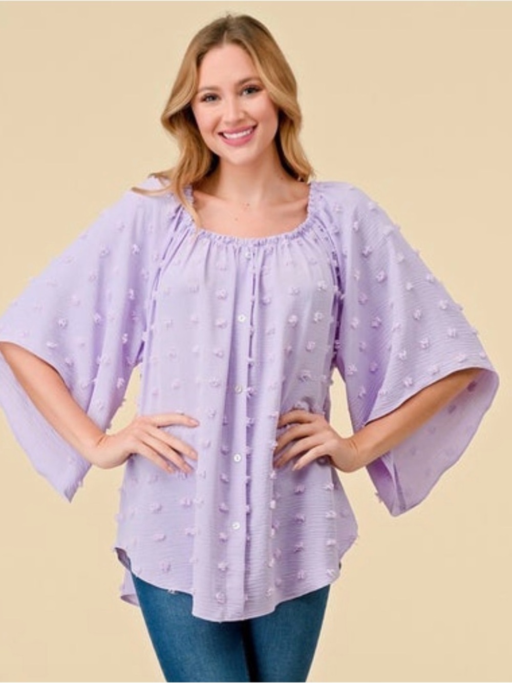 Spin USA Oversized Lavender Off-Shoulder Dot-Textured Blouse